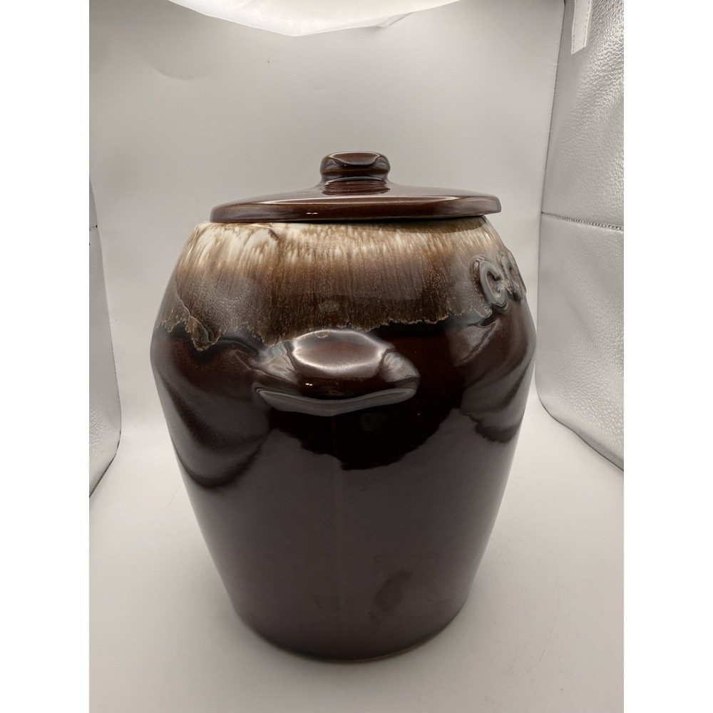 VTG McCoy Brown Drip Glaze Pottery Cookie Crock with Lid 8in Tall USA Made MCM - Picture 4 of 16